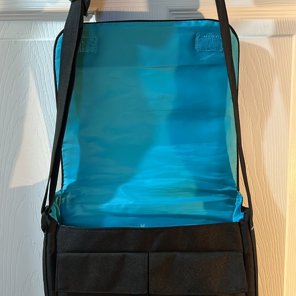 Lula Lifestyle Computer Tote Crossbody Messenger Bag black turquoise 11” - Picture 5 of 7